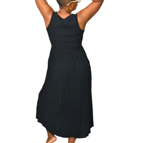Frye Easy Button Front Dress Black Midi Minimalist Tank Jersey Pockets Rayon XS - Picture 2 of 16